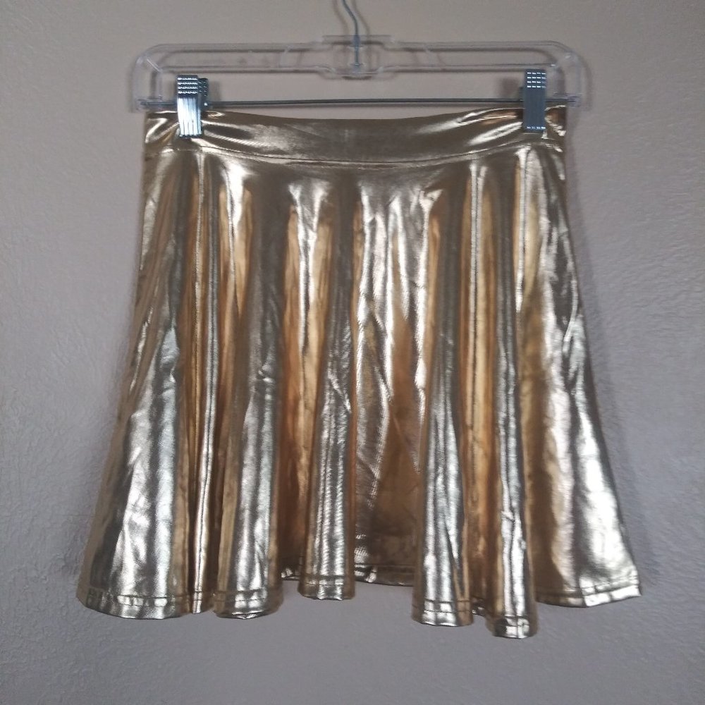 HDE Shiny Gold Mini Skater Skirt Women's Small